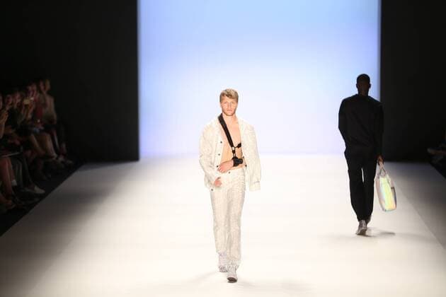 Germany: Julian Zigerli collections at the Mercedes-Benz Fashion Model wears the collection of Julian Zigerli during the catwalk in the Erika Hess Ice Stadium in Berlin-Wedding. Numerous labels are taking part in the German fashion week for the 2017 spring summer season.  SimonexKuhlmey