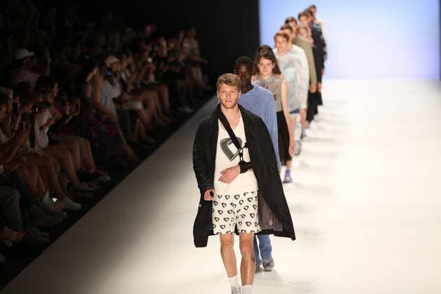 Germany: Julian Zigerli collections at the Mercedes-Benz Fashion Model wears the collection of Julian Zigerli during the catwalk in the Erika Hess Ice Stadium in Berlin-Wedding. Numerous labels are taking part in the German fashion week for the 2017 spring summer season.  SimonexKuhlmey