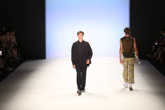 Germany: Julian Zigerli collections at the Mercedes-Benz Fashion Model wears the collection of Julian Zigerli during the catwalk in the Erika Hess Ice Stadium in Berlin-Wedding. Numerous labels are taking part in the German fashion week for the 2017 spring summer season.  SimonexKuhlmey