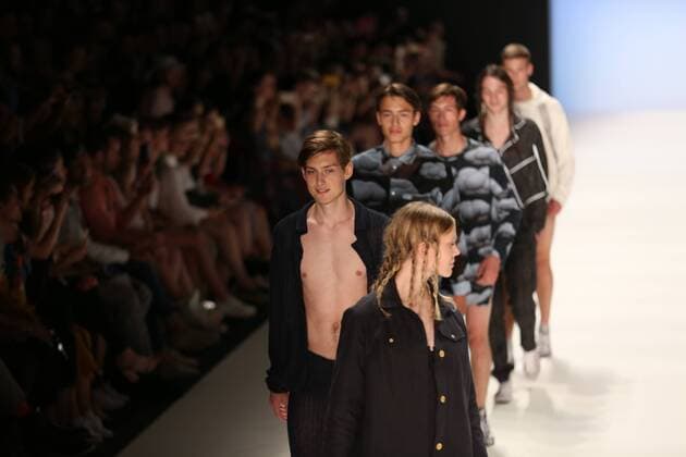Germany: Julian Zigerli collections at the Mercedes-Benz Fashion Model wears the collection of Julian Zigerli during the catwalk in the Erika Hess Ice Stadium in Berlin-Wedding. Numerous labels are taking part in the German fashion week for the 2017 spring summer season.  SimonexKuhlmey