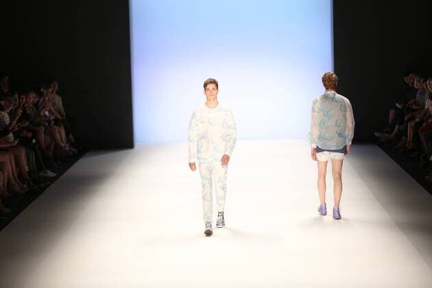 Germany: Julian Zigerli collections at the Mercedes-Benz Fashion Model wears the collection of Julian Zigerli during the catwalk in the Erika Hess Ice Stadium in Berlin-Wedding. Numerous labels are taking part in the German fashion week for the 2017 spring summer season.  SimonexKuhlmey