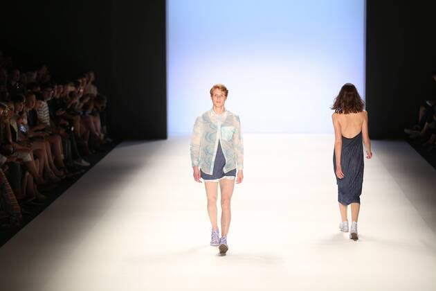 Germany: Julian Zigerli collections at the Mercedes-Benz Fashion Model wears the collection of Julian Zigerli during the catwalk in the Erika Hess Ice Stadium in Berlin-Wedding. Numerous labels are taking part in the German fashion week for the 2017 spring summer season.  SimonexKuhlmey