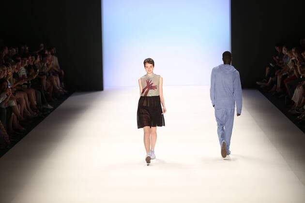 Germany: Julian Zigerli collections at the Mercedes-Benz Fashion Model wears the collection of Julian Zigerli during the catwalk in the Erika Hess Ice Stadium in Berlin-Wedding. Numerous labels are taking part in the German fashion week for the 2017 spring summer season.  SimonexKuhlmey