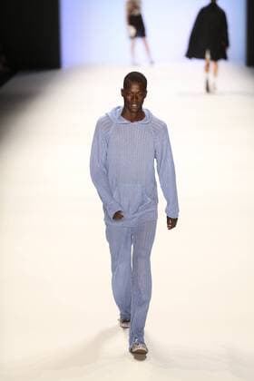 Germany: Julian Zigerli collections at the Mercedes-Benz Fashion Model wears the collection of Julian Zigerli during the catwalk in the Erika Hess Ice Stadium in Berlin-Wedding. Numerous labels are taking part in the German fashion week for the 2017 spring summer season.  SimonexKuhlmey