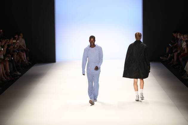Germany: Julian Zigerli collections at the Mercedes-Benz Fashion Model wears the collection of Julian Zigerli during the catwalk in the Erika Hess Ice Stadium in Berlin-Wedding. Numerous labels are taking part in the German fashion week for the 2017 spring summer season.  SimonexKuhlmey