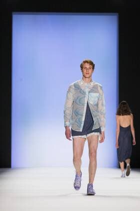 A model walks the runway at the Julian Zigerli show during the Mercedes-Benz Fashion Week Berlin Spring Summer 2017 at Erika Hess Eisstadion in Berlin, Germany on July 1st, 2016.  - ZUMAn230