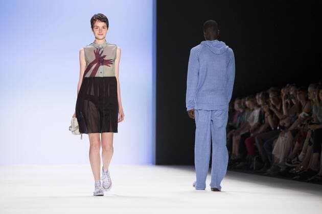A model walks the runway at the Julian Zigerli show during the Mercedes-Benz Fashion Week Berlin Spring Summer 2017 at Erika Hess Eisstadion in Berlin, Germany on July 1st, 2016.  - ZUMAn230