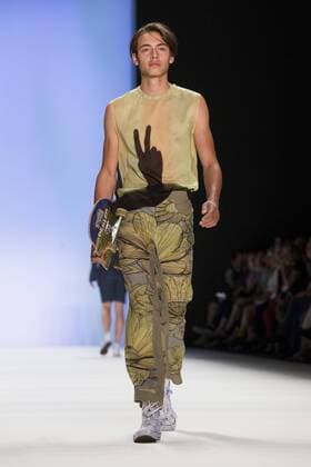 A model walks the runway at the Julian Zigerli show during the Mercedes-Benz Fashion Week Berlin Spring Summer 2017 at Erika Hess Eisstadion in Berlin, Germany on July 1st, 2016.  - ZUMAn230