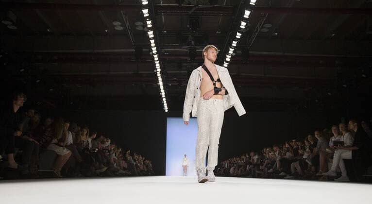 A model walks the runway at the Julian Zigerli show during the Mercedes-Benz Fashion Week Berlin Spring Summer 2017 at Erika Hess Eisstadion in Berlin, Germany on July 1st, 2016.  - ZUMAn230