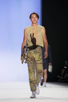 A model walks the runway at the Julian Zigerli show during the Mercedes-Benz Fashion Week Berlin Spring Summer 2017 at Erika Hess Eisstadion in Berlin, Germany on July 1st, 2016.  - ZUMAn230