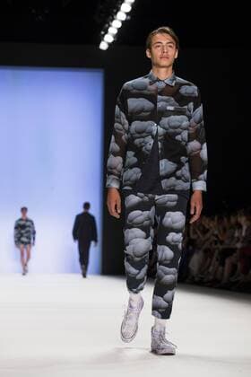 A model walks the runway at the Julian Zigerli show during the Mercedes-Benz Fashion Week Berlin Spring Summer 2017 at Erika Hess Eisstadion in Berlin, Germany on July 1st, 2016.  - ZUMAn230