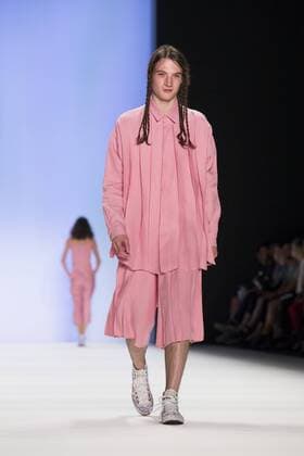 A model walks the runway at the Julian Zigerli show during the Mercedes-Benz Fashion Week Berlin Spring Summer 2017 at Erika Hess Eisstadion in Berlin, Germany on July 1st, 2016.  - ZUMAn230