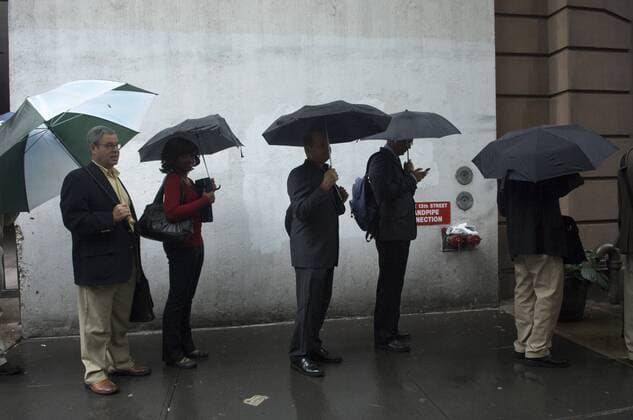 Job figures up for June Job seekers line up in the rain for the Out To Work LGBT job fair in Greenwich Village in New York on Thursday, September 17, 2009. The ADP National Employment Report reported that private employers added 172,000 workers in June beat analysts expectations of only 159,000. (  FRANCESxM.xROBERTS