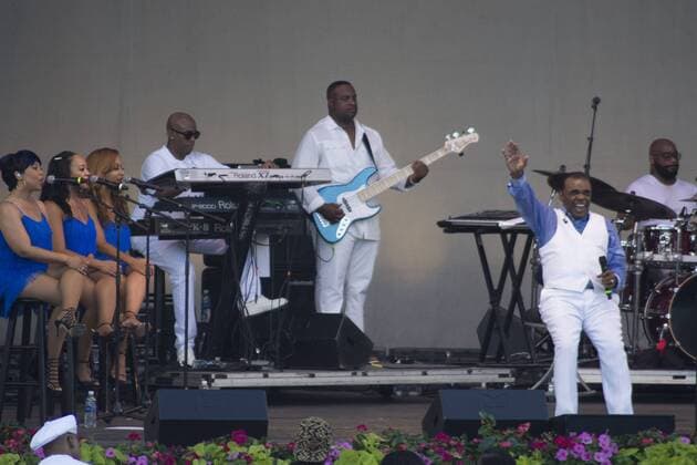 July 10, 2016 - Chicago, IL, USA - Thousands gathered in Grant Park, Chicago on Sunday, July 10th, to see the final concert of the popular Taste of Chicago Festival. Sheila E got the crowd moving to her beat. She later joined the Isley Brothers during their performance. The audience was literally dancing in the aisles as some of the oldies were played. Pictured: Ronald Isley with back up singers Chicago USA - ZUMAh86_