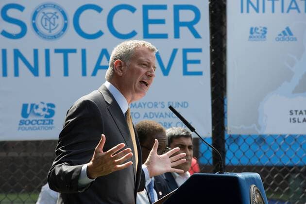 Mayor de Blasio & NYCFC soccer initiative The Bronx, New York: Mayor Bill de Blasio, U.S. Soccer foundation, NYC Football club and Adidas launch NYC soccer initiative- bringing 50 new soccer fields to under served neighborhoods. Soccer players Frank Lampard, Patrick Vieira, Jason Hernandez and David Villa participated in playing soccer with children in the Bronx.  LouisexWateridge