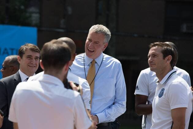 Mayor de Blasio & NYCFC soccer initiative The Bronx, New York: Mayor Bill de Blasio, U.S. Soccer foundation, NYC Football club and Adidas launch NYC soccer initiative- bringing 50 new soccer fields to under served neighborhoods. Soccer players Frank Lampard, Patrick Vieira, Jason Hernandez and David Villa participated in playing soccer with children in the Bronx.  LouisexWateridge