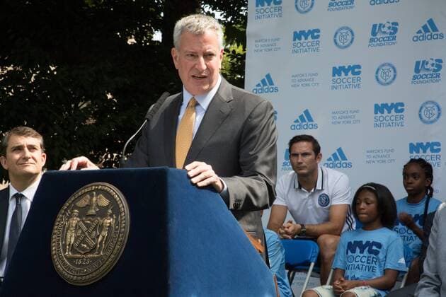Mayor de Blasio & NYCFC soccer initiative The Bronx, New York: Mayor Bill de Blasio, U.S. Soccer foundation, NYC Football club and Adidas launch NYC soccer initiative- bringing 50 new soccer fields to under served neighborhoods. Soccer players Frank Lampard, Patrick Vieira, Jason Hernandez and David Villa participated in playing soccer with children in the Bronx.  LouisexWateridge
