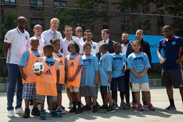 Mayor de Blasio & NYCFC soccer initiative The Bronx, New York: Mayor Bill de Blasio, U.S. Soccer foundation, NYC Football club and Adidas launch NYC soccer initiative- bringing 50 new soccer fields to under served neighborhoods. Soccer players Frank Lampard, Patrick Vieira, Jason Hernandez and David Villa participated in playing soccer with children in the Bronx.  LouisexWateridge