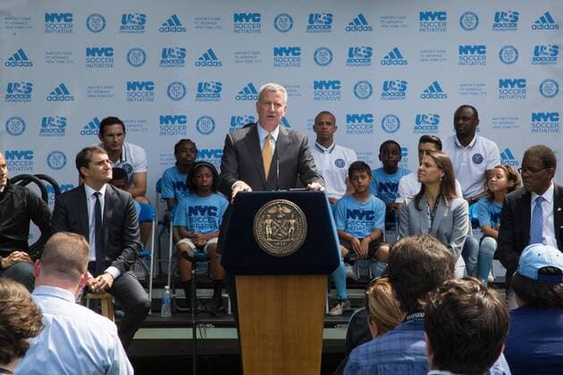 Mayor de Blasio & NYCFC soccer initiative The Bronx, New York: Mayor Bill de Blasio, U.S. Soccer foundation, NYC Football club and Adidas launch NYC soccer initiative- bringing 50 new soccer fields to under served neighborhoods. Soccer players Frank Lampard, Patrick Vieira, Jason Hernandez and David Villa participated in playing soccer with children in the Bronx.  LouisexWateridge