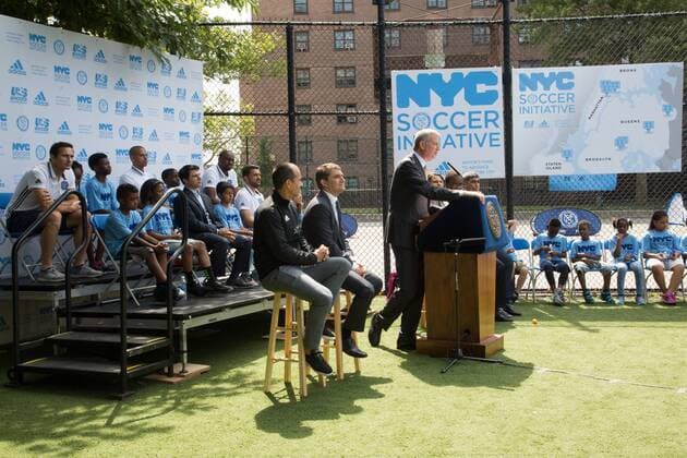 Mayor de Blasio & NYCFC soccer initiative The Bronx, New York: Mayor Bill de Blasio, U.S. Soccer foundation, NYC Football club and Adidas launch NYC soccer initiative- bringing 50 new soccer fields to under served neighborhoods. Soccer players Frank Lampard, Patrick Vieira, Jason Hernandez and David Villa participated in playing soccer with children in the Bronx.  LouisexWateridge