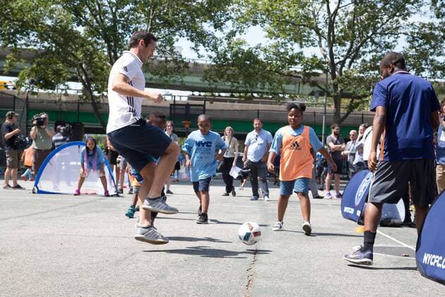 Mayor de Blasio & NYCFC soccer initiative The Bronx, New York: Mayor Bill de Blasio, U.S. Soccer foundation, NYC Football club and Adidas launch NYC soccer initiative- bringing 50 new soccer fields to under served neighborhoods. Soccer players Frank Lampard, Patrick Vieira, Jason Hernandez and David Villa participated in playing soccer with children in the Bronx.  LouisexWateridge