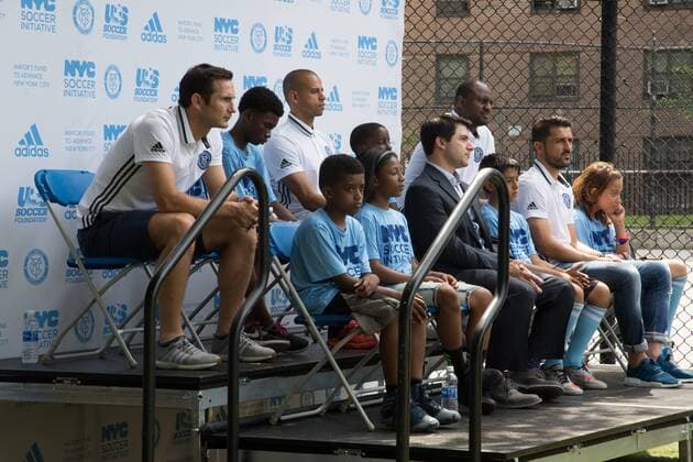 Mayor de Blasio & NYCFC soccer initiative The Bronx, New York: Mayor Bill de Blasio, U.S. Soccer foundation, NYC Football club and Adidas launch NYC soccer initiative- bringing 50 new soccer fields to under served neighborhoods. Soccer players Frank Lampard, Patrick Vieira, Jason Hernandez and David Villa participated in playing soccer with children in the Bronx.  LouisexWateridge