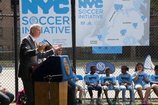 Mayor de Blasio & NYCFC soccer initiative The Bronx, New York: Mayor Bill de Blasio, U.S. Soccer foundation, NYC Football club and Adidas launch NYC soccer initiative- bringing 50 new soccer fields to under served neighborhoods. Soccer players Frank Lampard, Patrick Vieira, Jason Hernandez and David Villa participated in playing soccer with children in the Bronx.  LouisexWateridge