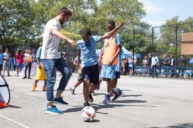 Mayor de Blasio & NYCFC soccer initiative The Bronx, New York: Mayor Bill de Blasio, U.S. Soccer foundation, NYC Football club and Adidas launch NYC soccer initiative- bringing 50 new soccer fields to under served neighborhoods. Soccer players Frank Lampard, Patrick Vieira, Jason Hernandez and David Villa participated in playing soccer with children in the Bronx.  LouisexWateridge