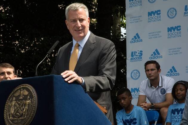 Mayor de Blasio & NYCFC soccer initiative The Bronx, New York: Mayor Bill de Blasio, U.S. Soccer foundation, NYC Football club and Adidas launch NYC soccer initiative- bringing 50 new soccer fields to under served neighborhoods. Soccer players Frank Lampard, Patrick Vieira, Jason Hernandez and David Villa participated in playing soccer with children in the Bronx.  LouisexWateridge