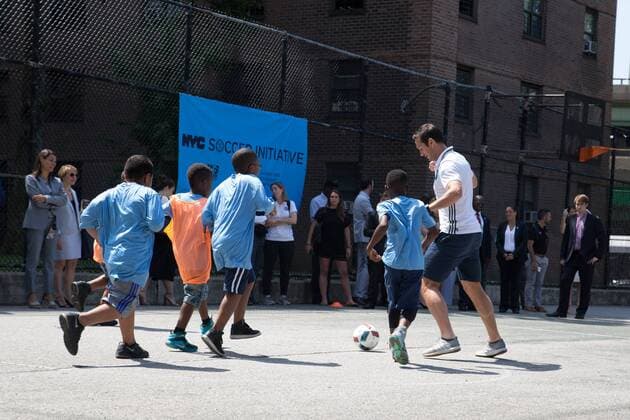 Mayor de Blasio & NYCFC soccer initiative The Bronx, New York: Mayor Bill de Blasio, U.S. Soccer foundation, NYC Football club and Adidas launch NYC soccer initiative- bringing 50 new soccer fields to under served neighborhoods. Soccer players Frank Lampard, Patrick Vieira, Jason Hernandez and David Villa participated in playing soccer with children in the Bronx.  LouisexWateridge