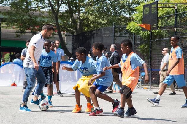 Mayor de Blasio & NYCFC soccer initiative The Bronx, New York: Mayor Bill de Blasio, U.S. Soccer foundation, NYC Football club and Adidas launch NYC soccer initiative- bringing 50 new soccer fields to under served neighborhoods. Soccer players Frank Lampard, Patrick Vieira, Jason Hernandez and David Villa participated in playing soccer with children in the Bronx.  LouisexWateridge