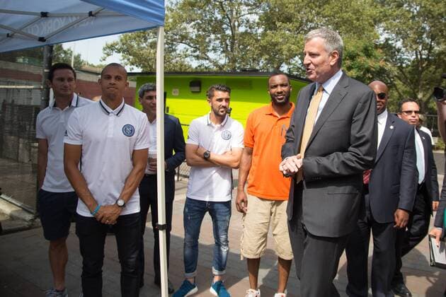 Mayor de Blasio & NYCFC soccer initiative The Bronx, New York: Mayor Bill de Blasio, U.S. Soccer foundation, NYC Football club and Adidas launch NYC soccer initiative- bringing 50 new soccer fields to under served neighborhoods. Soccer players Frank Lampard, Patrick Vieira, Jason Hernandez and David Villa participated in playing soccer with children in the Bronx.  LouisexWateridge
