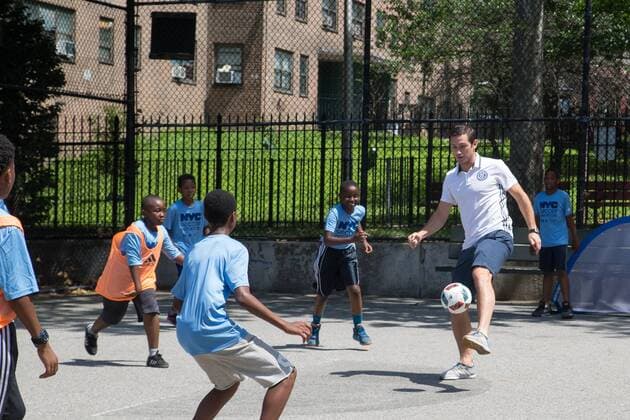 Mayor de Blasio & NYCFC soccer initiative The Bronx, New York: Mayor Bill de Blasio, U.S. Soccer foundation, NYC Football club and Adidas launch NYC soccer initiative- bringing 50 new soccer fields to under served neighborhoods. Soccer players Frank Lampard, Patrick Vieira, Jason Hernandez and David Villa participated in playing soccer with children in the Bronx.  LouisexWateridge
