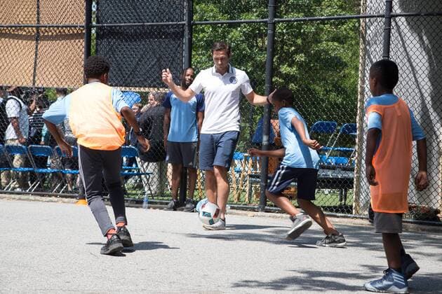 Mayor de Blasio & NYCFC soccer initiative The Bronx, New York: Mayor Bill de Blasio, U.S. Soccer foundation, NYC Football club and Adidas launch NYC soccer initiative- bringing 50 new soccer fields to under served neighborhoods. Soccer players Frank Lampard, Patrick Vieira, Jason Hernandez and David Villa participated in playing soccer with children in the Bronx.  LouisexWateridge