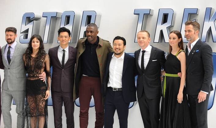 Karl Urban, Sofia Boutella, John Cho, Idris Elba, Justin Lin, Simon Pegg, Lydia Wilson and Chris Pine attend the UK Premiere of Star Trek Beyond at Empire Leicester Square in London. July 12th 2016  PTYx162249
