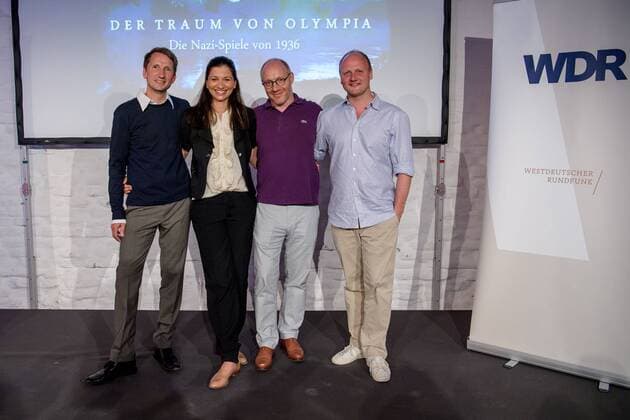 Koeln Autor und Regisseur Florian Huber, Regisseurin Mira ThielHauptdarsteller Simon Schwarz und Christian Hockenbrink (rechts) bei der Erstauffuehrung von Der Traum von Olympia ? Die Nazi-Spiele von 1936 am 12.07.2016, Copyright: Schueler Eibner-Pressefoto EP_JSE
