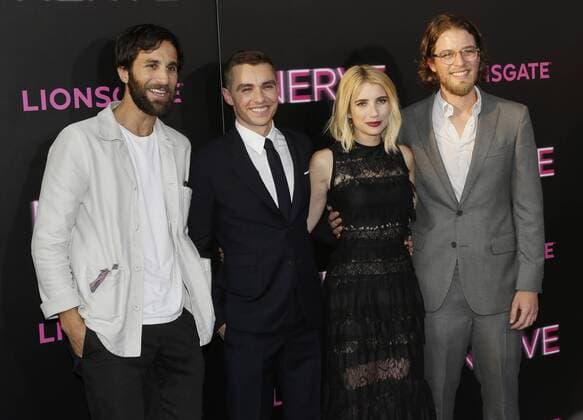Ariel Schulman, Dave Franco, Emma Roberts and Henry Joost arrive on the red carpet at the Nerve New York premiere at SVA Theater on July 12, 2016 in New York City.  NYP20160712121 JOHNxANGELILLO