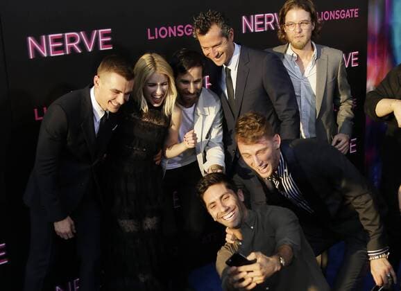 Ariel Schulman, Dave Franco, Emma Roberts and Henry Joost arrive on the red carpet at the Nerve New York premiere at SVA Theater on July 12, 2016 in New York City.  NYP20160712122 JOHNxANGELILLO