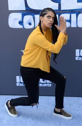 Cast member Lilly Singh, the voices of Misty and Bubbles in the animated motion picture sci-fi comedy Ice Age: Collision Course attends the premiere of the film at the Zanuck Theater on the 20th Century Fox Studios lot in Los Angeles on July 16, 2016. Storyline: Scrat s epic pursuit of his elusive acorn catapults him outside of Earth, where he accidentally sets off a series of cosmic events that transform and threaten the planet.  LAP2016071645 JIMxRUYMEN
