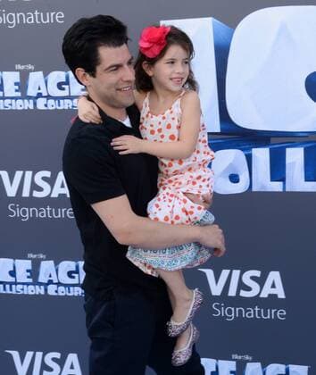 Cast member Max Greenfield, the voice of Roger in the animated motion picture sci-fi comedy Ice Age: Collision Course and his daughter Lily attend the premiere of the film at the Zanuck Theater on the 20th Century Fox Studios lot in Los Angeles on July 16, 2016. Storyline: Scrat s epic pursuit of his elusive acorn catapults him outside of Earth, where he accidentally sets off a series of cosmic events that transform and threaten the planet.  LAP2016071661 JIMxRUYMEN