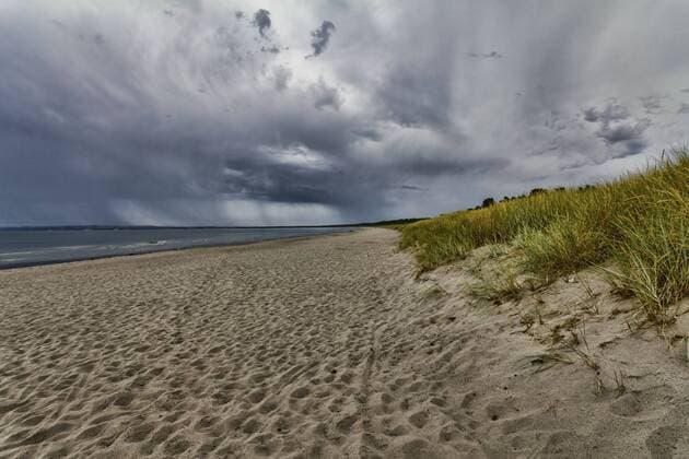 Küstenstreifen am Breeger Bodden mit dramatischen Regenwolken  1071100321