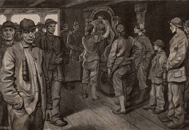 Miners and pit brow women in the Borinage area of the Belgian coalfield honouring Saint Barbara, their patron saint, on her feast day, 4 December. From Le Journal de la Jeunesse (Paris, 1885). Engraving. WHA  !ACHTUNG AUFNAHMEDATUM GESCHÄTZT! Copyright: WHA UnitedArchives009811