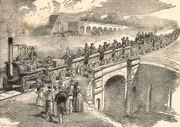 IMAGO History, Die Geburt des Eisenbahnverkehrs: 1802-1830 Opening of the Stockton and Darlington Railway, 27 September 1825. The civil engineer for the line was George Stephenson (1781-1848) From The Triumphs of Steam by Henry Frith (London, c1898). WHA  !ACHTUNG AUFNAHMEDATUM GESCHÄTZT! Copyright: WHA UnitedArchives010018