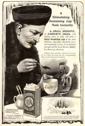 Fridtjof Nansen (1861-1930) Norwegian Arctic explorer making a cup of Cadbury s Cocoa during his expedition on the Fram 1893-1895. Cadbury supplied about 1,500 lbs (680.389 kg) to the expedition. Advertisement from The lllustrated London News (London, 30 Decemebr 1893). WHA  !ACHTUNG AUFNAHMEDATUM GESCHÄTZT! Copyright: WHA UnitedArchives010798