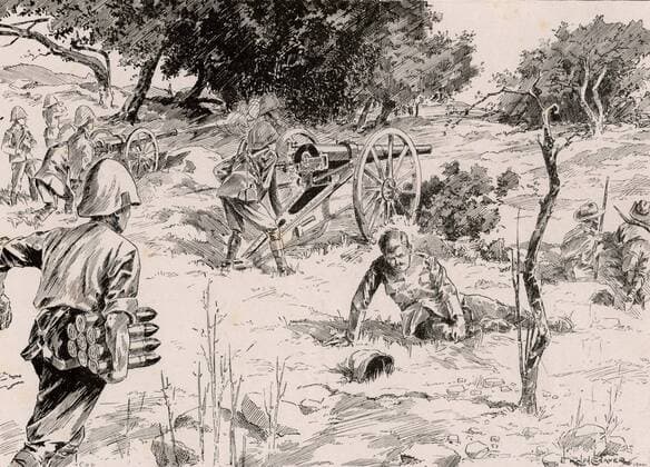 Second Boer War, also called the South African War and the Anglo-Boer War. On the way to relieve Mafeking on 17 May 1900. Royal Artillery gunners firing pom-poms against the Boers during the action near Maritsani, 13 May. From The Illustrated London News (London, 7 July 1900). WHA  !ACHTUNG AUFNAHMEDATUM GESCHÄTZT! Copyright: WHA UnitedArchives010860