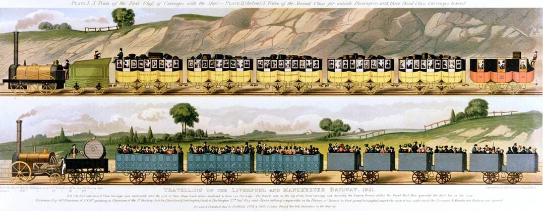 IMAGO History, Die Geburt des Eisenbahnverkehrs: 1802-1830 Travelling on the Liverpool and Manchester Railway 1831. Top: 1st class carriages drawn by locomotive Jupiter . Bottom: 2nd and 3rd class carriages drawn by locomotive North Star . The world s first passenger railway, the Liverpool and Manchester opened 15 September 1830: Principal engineer George Stephenson. Lithograph. WHA  !ACHTUNG AUFNAHMEDATUM GESCHÄTZT! Copyright: WHA UnitedArchives0390002658