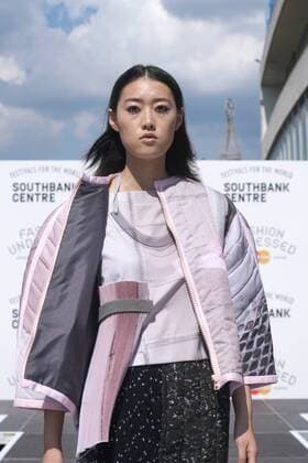 Models wears pieces from Hackney-based charity Fashion Awareness Direct (FAD), with designers Hana Minowa and David Bennie, at the Fashion Undressed Catwalk Show with MasterCard during the Fashion Undressed Bites technology event at the Southbank Centre in London. JULY 23rd 2016  SLIx162421