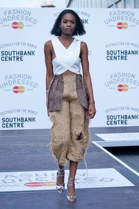 Models wears pieces from Hackney-based charity Fashion Awareness Direct (FAD), with designers Hana Minowa and David Bennie, at the Fashion Undressed Catwalk Show with MasterCard during the Fashion Undressed Bites technology event at the Southbank Centre in London. JULY 23rd 2016  SLIx162421