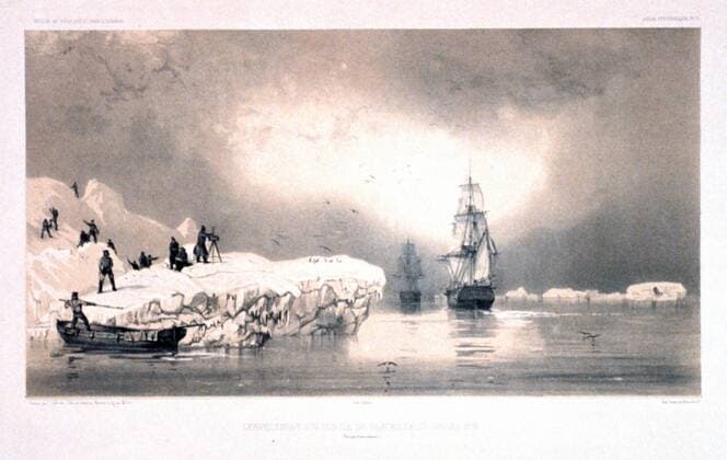 Disembrcation from arctic exploration ships 1838. Antarctic exploration illustrated in Voyage au pole sud et dans l Oceanie. The French ship L Astrolabe stuck in ice 1842 WorldxHistoryxArchive
