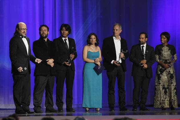 (L-R) Spanish actor and director Santiago Segura and winners of the Colombian film El Abrazo de la Serpiente Carlos Garcia and Marcos Salavarria for Best Sound, Cristina Gallego and Etienne Boussac for Best Editing, David Gallego for Best Photography and Angelica Perea for Best Artistic Direction during the 3rd Platino Ibero-American Film Awards in Punta del Este, Uruguay, 24 July 2016. ni PREMIOS PLATINO !ACHTUNG: NUR REDAKTIONELLE NUTZUNG!  PLA041 20160725-636050180140110528